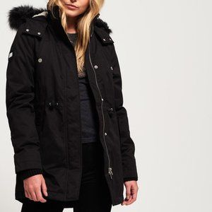 NWOT -Superdry Model Microfibre Jacket (Black Fur)